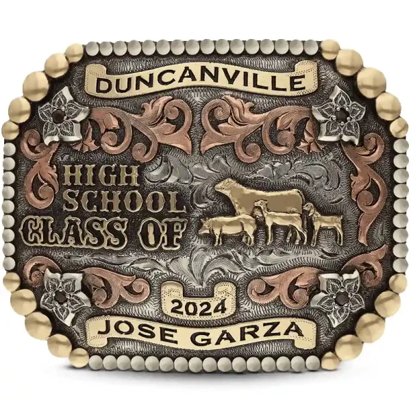 A custom belt buckle for Duncanville High School Class of 2024 personalized for Jose Garza featuring livestock animal figures